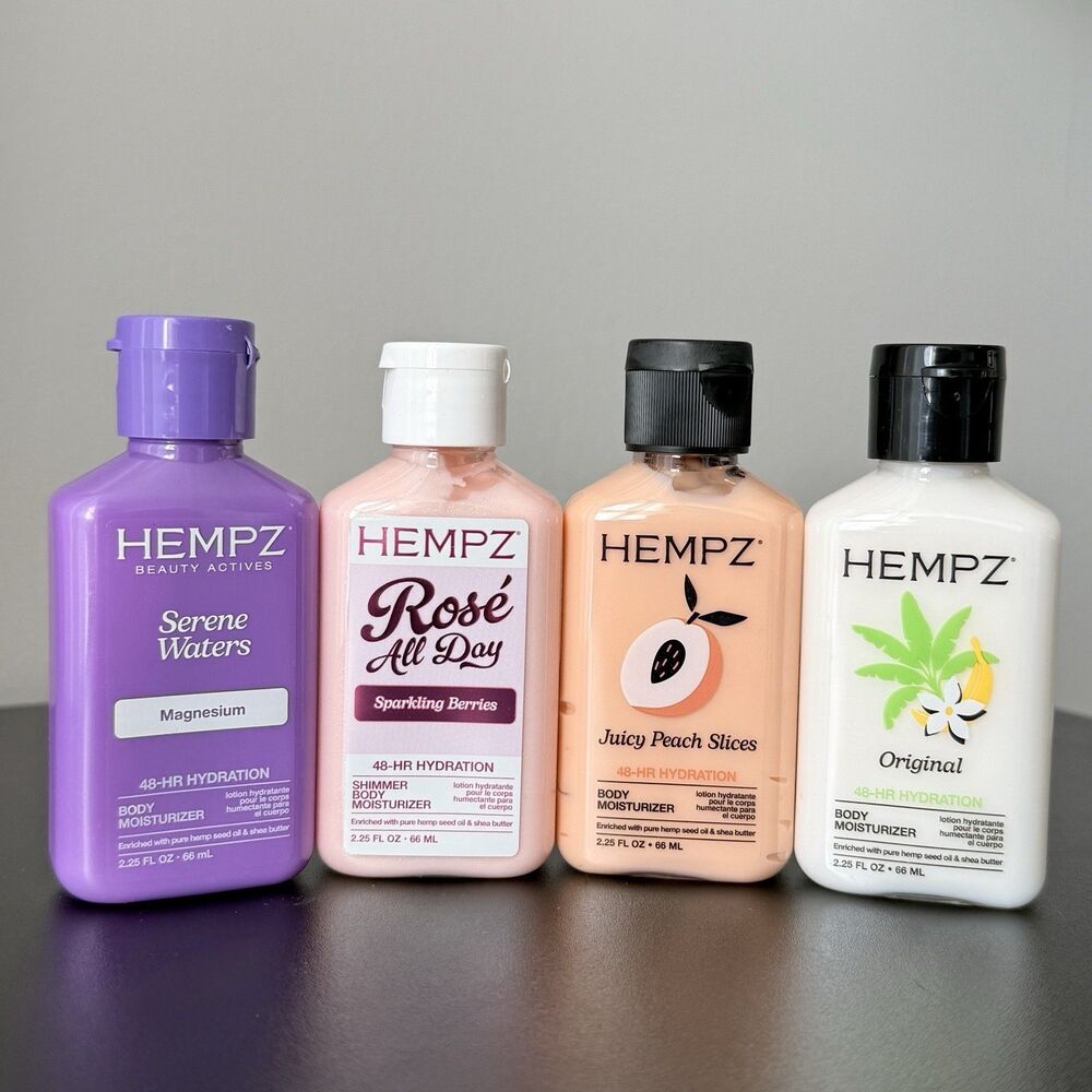 Hempz 4pc Body Lotion Mini Moisturizers Serene Waters Juicy Peach Rose Original